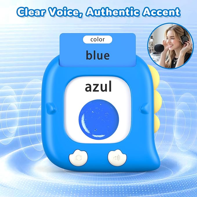 Kidzdo 520 Bilingual Spanish English Talking Flash Cards, Christmas Birthday Gifts for 2 3 4 5 6 Year Old Boys, Montessori Pocket Speech Therapy Toys, Portable Toddlers Toys for Ages 2-6 Kids, Blue