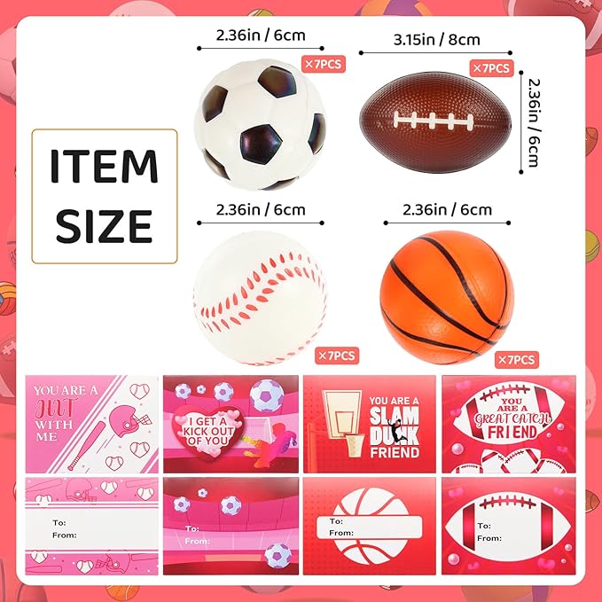 LiYiQ 28Pcs Valentines Day Gifts Cards with Basketball Soccer Football Baseball Stress Ball for Kids 2.36 Inch Sports Stress Balls Foam Bouncy Balls Ideal Valentine Gifts for Kids Classroom Exchange