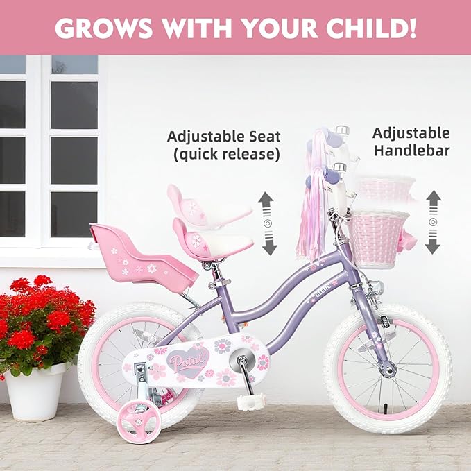 Glerc Petal Girls Bike, 12-18 Inch Kids Bike for Ages 2-9 Years Old Children, Princess Style Kids Bicycle with Training Wheels & Basket & Streamers, Multiple Colors