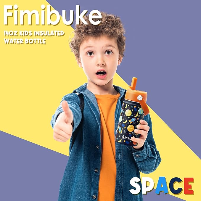 Fimibuke Kids Insulated Water Bottle, 14oz BPA FREE 18/8 Stainless Steel Travel Tumbler Double Wall Vacuum Leak Proof Kids Cup with Straw Metal Water Bottle for School Boys Girls(1 Pack, Space)