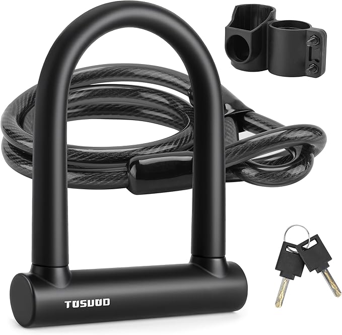 Oversized Bike U Lock Set Heavy Duty Anti Theft Bike Lock with 4FT Steel Cable Bicycle U Lock with Keys Mounting Bracket for Road, Mountain, Electric & Folding Bike