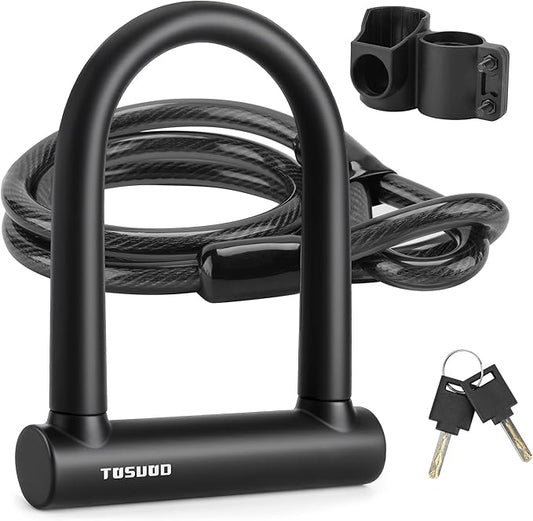 Oversized Bike U Lock Set Heavy Duty Anti Theft Bike Lock with 4FT Steel Cable Bicycle U Lock with Keys Mounting Bracket for Road, Mountain, Electric & Folding Bike