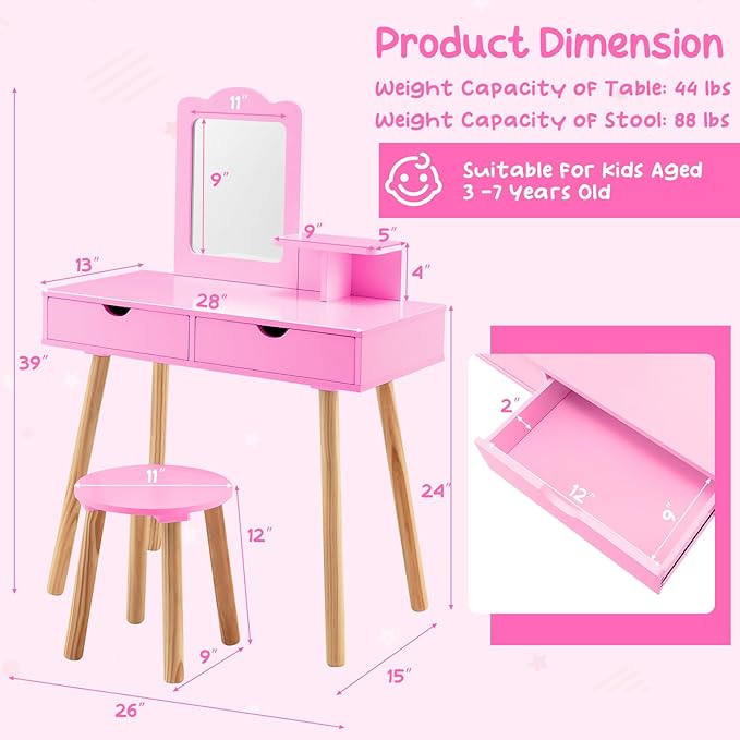 Costzon Kids Vanity Set, Girls Vanity Set with Mirror and Stool, 2 Large Drawers, Storage Shelf, Wooden Princess Makeup Dressing Table, Vanity Table and Chair Set for Toddlers (Pink)