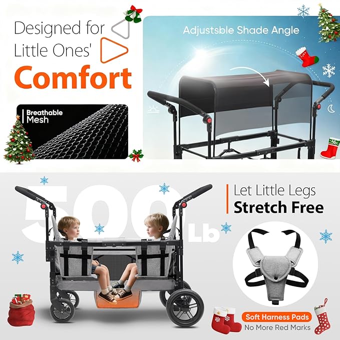 Sekey Wagon Stroller for 2 Kids, Luxury 4-in-1 Stroller Wagon - Premium Quality with Convertible Seats, Adjustable Push Handles, Removable Canopy, Snack Tray & Cooler, US Certified. Gray