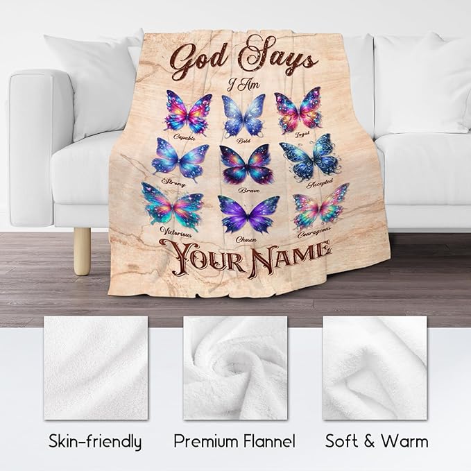 Personalized Butterfly Blanket with Name for Women, Girls & Kids - God Says I Am Fleece Fuzzy Throw for Couch, Inspirational Gifts for Her & Daughter, 50"x60"