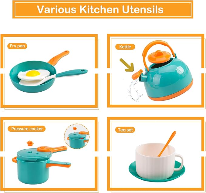 56Pcs Mini Play Kitchen Accessories for Kids, Pretend Cooking Playset with Cookware, Tableware & 2 Fruit Sets, Learning Gift for Girls, Boys, Toddlers, Green