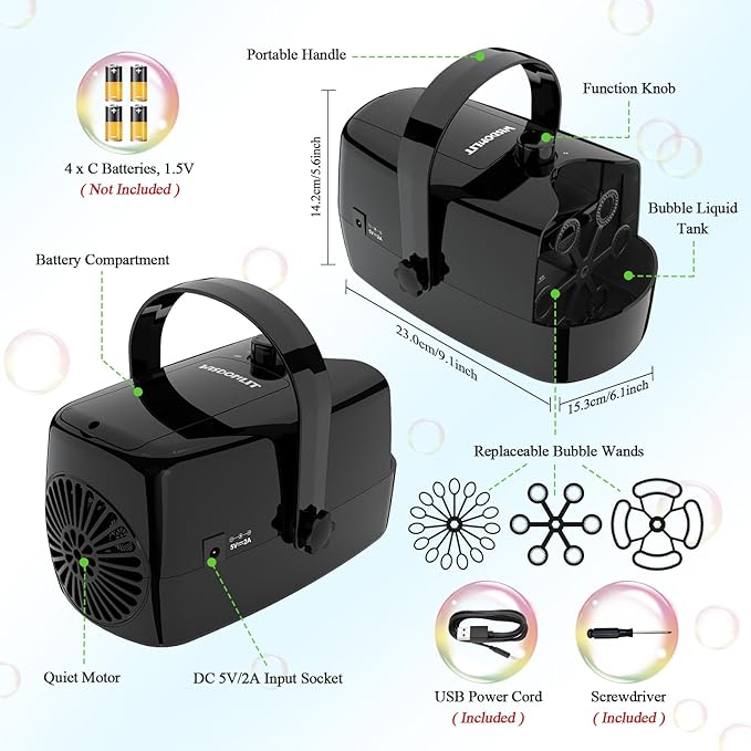 Bubble Machine, 3-in-1 Bubble Maker, Automatic Bubble Blower with 3 Bubble Wands, 8000+ Colorful Bubbles for Kids Toddlers, Operated by Plug-in or Batteries for Indoor Outdoor Birthday Party