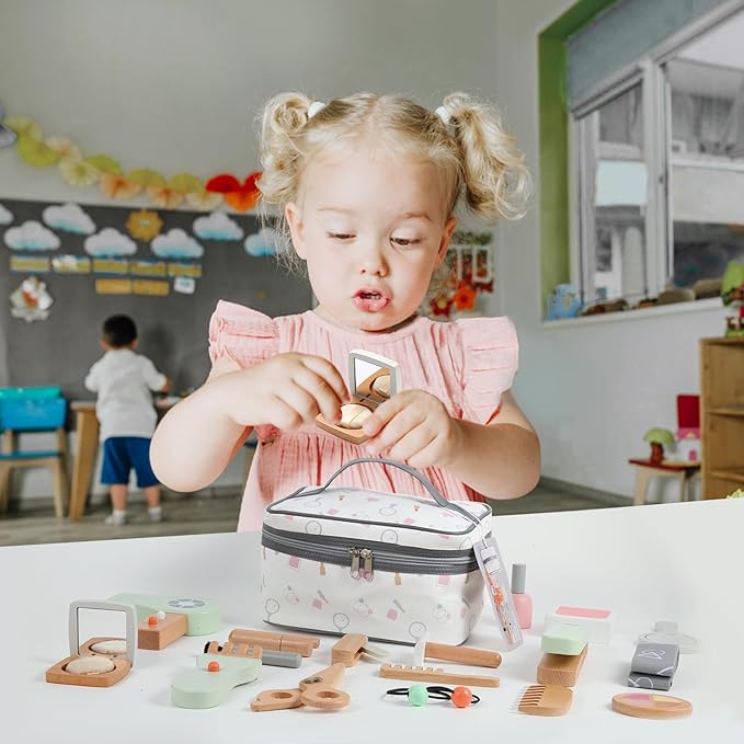 Wooden Kids Makeup Toy Set, Girls Pretend Cosmetic Bag Toys, Play House Beauty Salon Game, Birthday Gift for 3-9 Years Old Christmas 19pcs