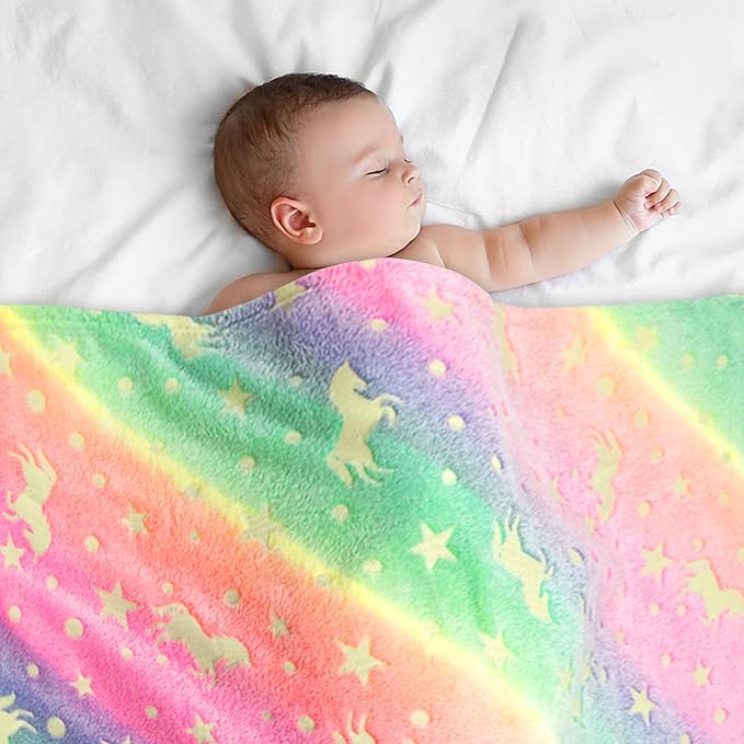 Softan Kids Unicorns Throw Blanket Glow in The Dark, Kids Blanket Gifts for Girls & Boys, Soft Cozy Flannel Luminous Unicorns Blanket for Sofa Couch Bed, Christmas Birthday Gift, 30x40IN