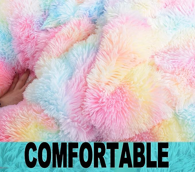 Fluffy Bean Bag Chair for Kids, 2.5FT Round Memory Foam Filled Bean Bag for Teens & Kids, Ultra Soft Faux Fur Fabric Bean Bag Chairs for Playroom, Living Room, Bedroom, Rainbow