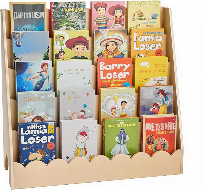 VEVOR 5-Tier Montessori Bookshelf, Scalloped Kids Bookcase, Wooden Book Shelf with 2 Dual Hooks, Daycare Furniture Display Bookshelf for Bedroom, Living Room, Entryway, Nursury, Preschool