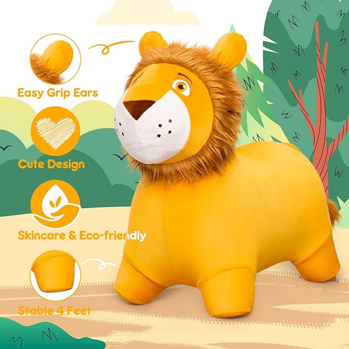 PlayZap Lion Bouncy Horse Hopper, Plush Bouncy Animals Hopper for Toddlers, Inflatable Jumping Ride on Bouncer, Kids Hopping Toys for 18M 2 3 Years Old Kids Boys Girls Gifts