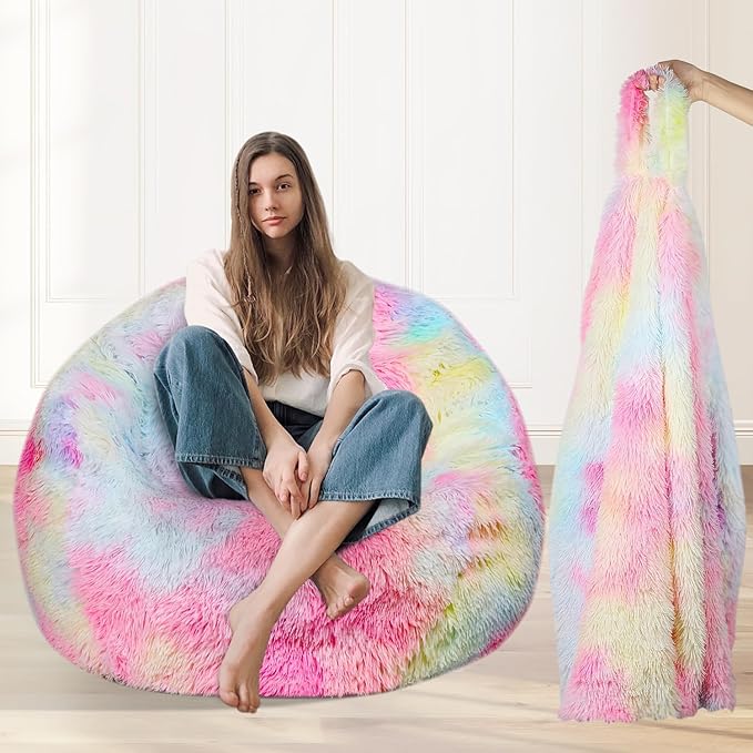 Fluffy Faux Fur Bean Bag Chair for Living Room, Bean Bag Chairs for Kids/Teens,Premium Furry Anti-Slip Bean Bag for Organizing Plush Toys