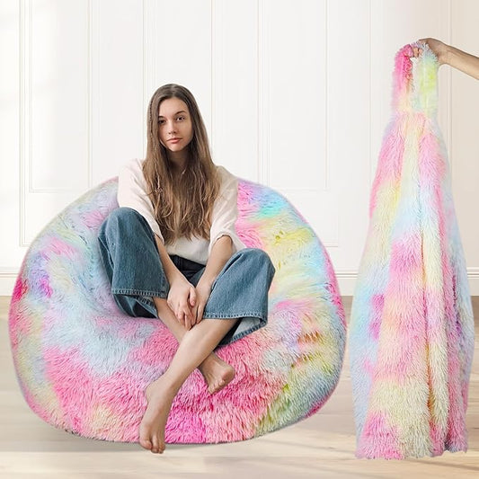 Fluffy Faux Fur Bean Bag Chair for Living Room, Bean Bag Chairs for Kids/Teens,Premium Furry Anti-Slip Bean Bag for Organizing Plush Toys