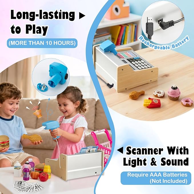 Wooden Cash Register for Kids with Shopping Cart Rechargeable Kid Cash Register with Scanner Gift for Kids Age 3 4 5 6 7 8 9 Year Old Pretend Play for Toddlers Toys for 3-12 Year Old Boys