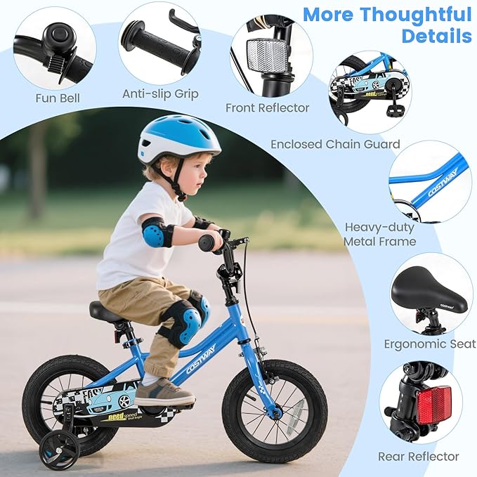 COSTWAY 12/14/16/18 Inch Kids Bike, Boys & Girls Training Bike w/Removable Training Wheels, Pneumatic Tires, Adjustable Handlebar & Seat, Dual Brake System, Children Toddler Bicycle for 3-8 Years Old