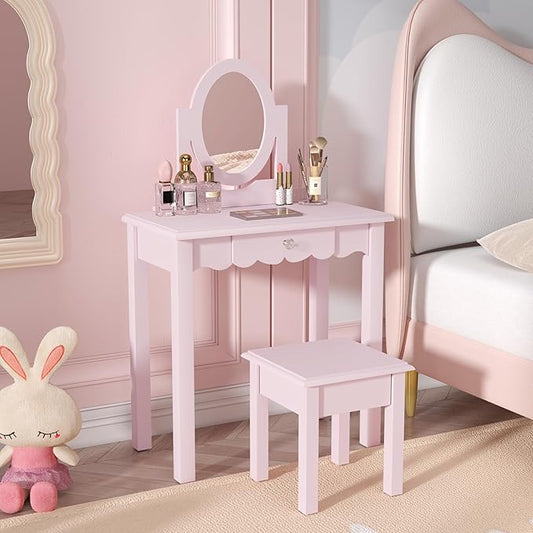 HLR Kids Vanity, Girls Vanity Set with Mirror and Stool, Wooden 2 in 1 Princess Makeup Desk Dressing Table with Detachable Top, Toddler Vanity Dresser Set with Drawer for Little Girls, Pink