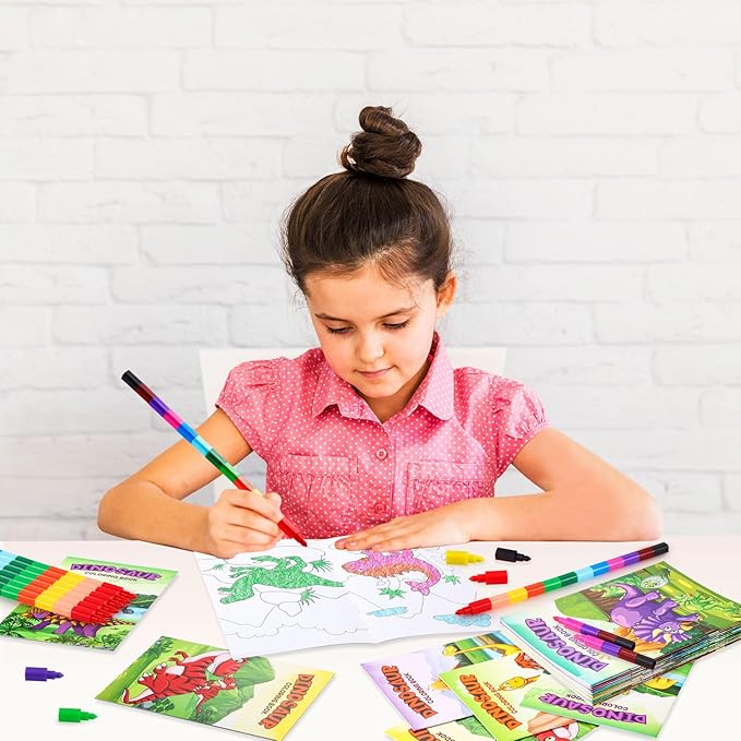 BenLouis 12 Dinosaur Mini Coloring Books Kids with 12 Stacking Crayons Dino Party Favors Small Activity Books Bulk for Kids Jurassic Party Gift Goodie Bag Stuffers