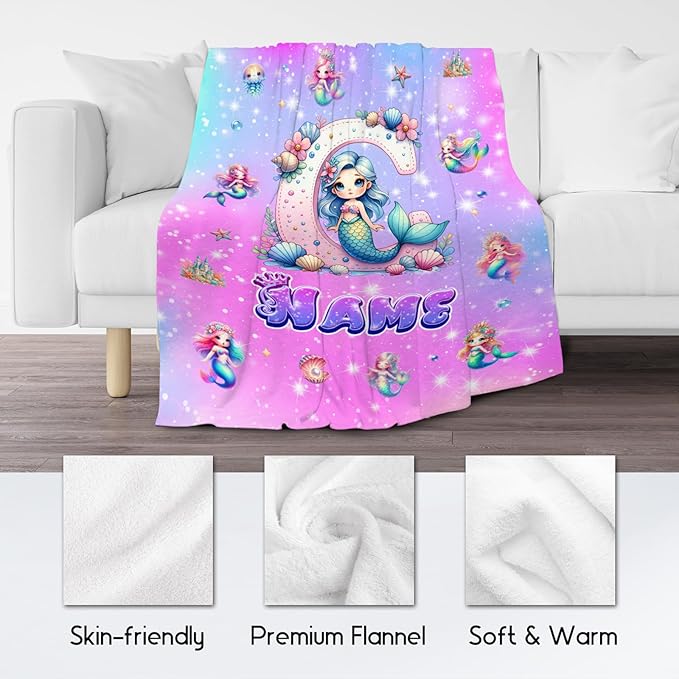 Mermaid Blanket for Girls Personalized Gifts Blankets for Kids - Soft Fuzzy Cozy Initial Throws for Sofa, Living Room