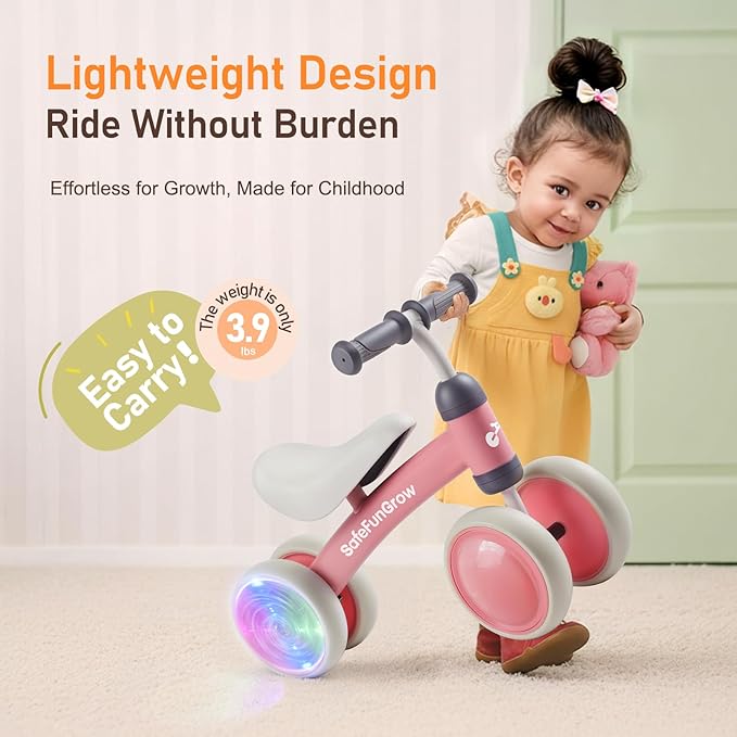 Colorful Lighting Baby Balance Bike Toys for 1 Year Old Girl Gifts, Balance Bike 1 Year Old No Pedal, 12-24 Months Toddler Ride on Toys with 4 Silent Wheels & Soft Seat, 1st Birthday Gifts, Pink