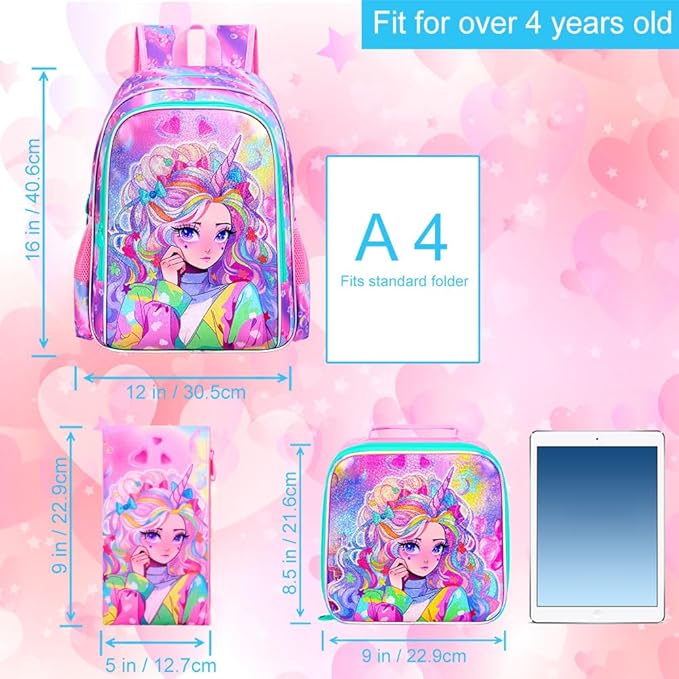 CCJPX 3PCS Backpack for Girls, 16" Unicorn Water Resistant Preschool Bookbag with Lunch Box, Kids Princess School Bags for Elementary Kindergarten Toddler