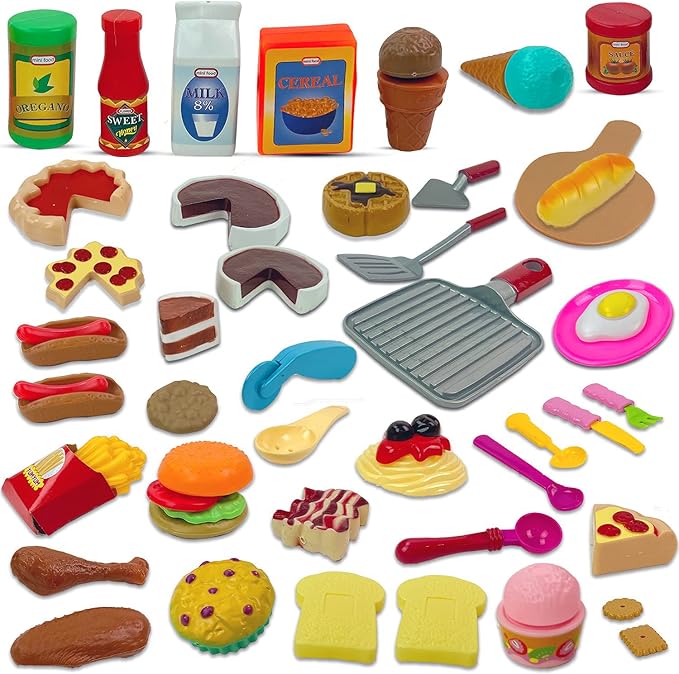 50 PCS Kids Deluxe Pretend Play Food Set with Kitchen Tools, Breakfast, Fast Food, Ice Cream & Desserts - Fun & Interactive Gourmet Toy Assortment Playset for Imaginative Play