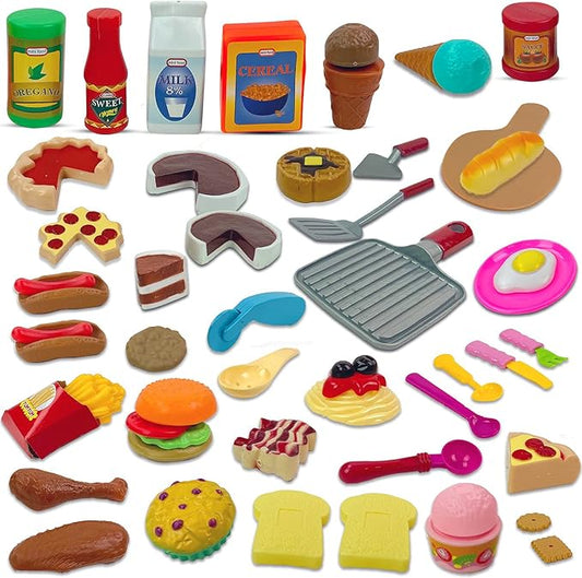 50 PCS Kids Deluxe Pretend Play Food Set with Kitchen Tools, Breakfast, Fast Food, Ice Cream & Desserts - Fun & Interactive Gourmet Toy Assortment Playset for Imaginative Play