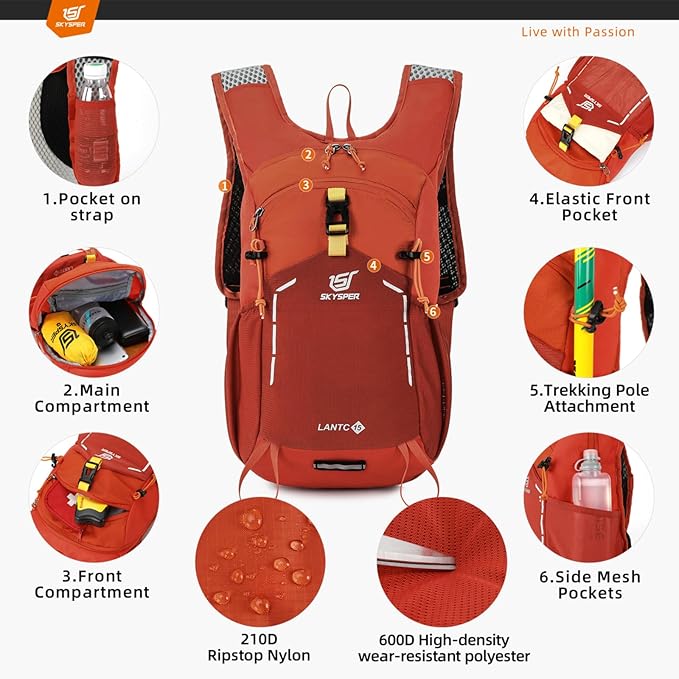 SKYSPER Small Hiking Backpack - 15L Travel Daypack Lightweight Bag Water Resistant Hiking Backpacks for Women Men