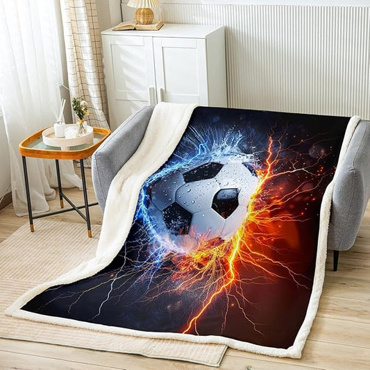 3D Sports Football Fleece Throw Blanket Soccer Ball Plush Blanket for Kids Teens Boys Sports Theme Games Sherpa Blanket Luxury Ice and Fire Football Fuzzy Blanket for Sofa Bed Couch, Throw 50x60 Inch