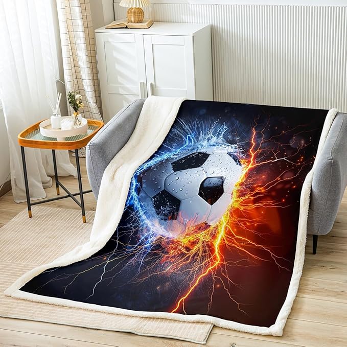 3D Sports Football Fleece Throw Blanket for Kids Teens Boys - Soccer Ball Plush Sherpa Luxury Ice and Fire Fuzzy Blanket for Sofa Bed Couch - Sports Theme Games - Baby 30x40 Inch