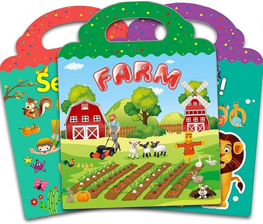Reusable Sticker Book for Kids, 3 Sets Educational Learning Toys Travel Stickers Activity Books for Toddler Girls Boys Age 3+ Birthday Gifts - Farm, Season & Animals