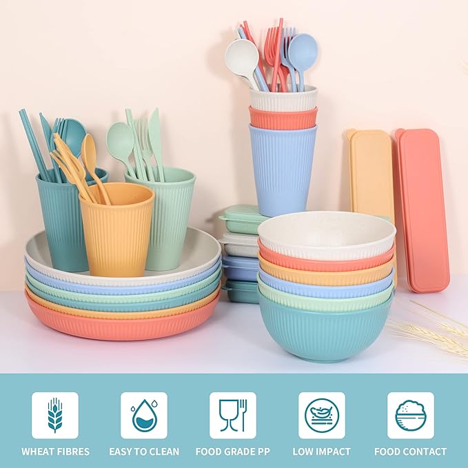 Wheat Straw Dinnerware Sets, Unbreakable Dinnerware Set for 6,Reusable Lightweight Tableware Dinner Dishes, Bowls, Cups, tableware, 24pcs Dinnerware Microwave & Dishwasher & Kids Safe