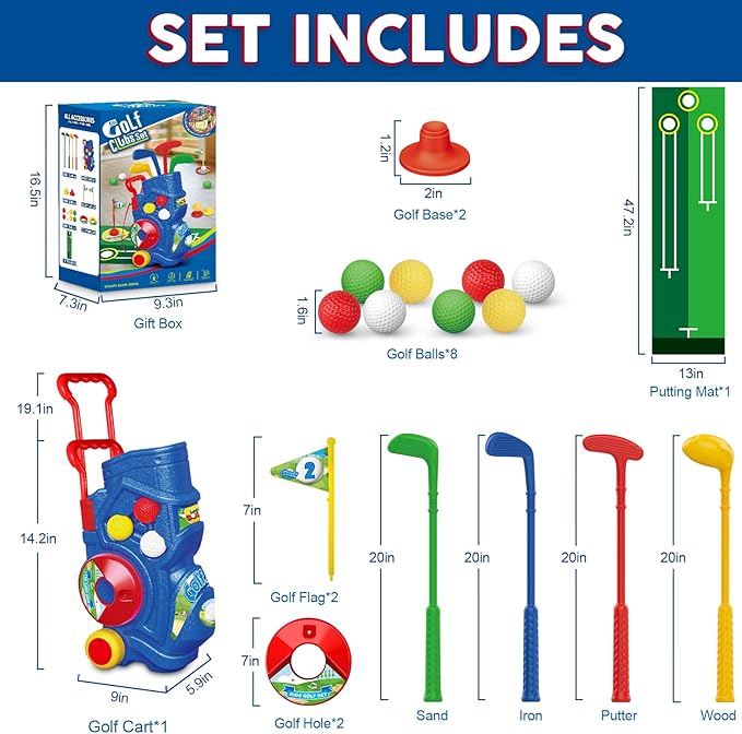 Letapapa Toddler Golf Set, Upgraded Kids Golf Clubs with Putting Mat, Toys for Boys 3 4 5+ Years Old, Indoor Outdoor Sports Golf Toys with 4 Clubs, 8 Balls, 2 Practice Holes, Shoulder Strap, 20 PCS