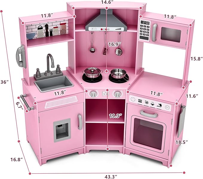 JOYLDIAS Kids Play Kitchen,Corner Wooden Pretend Toddler Kitchen Toys Playset with Realistic Lights & Sounds,Microwave Oven,Water Dispenser, Phone, Sink,Cooking Accessories, for Ages 3+, Pink