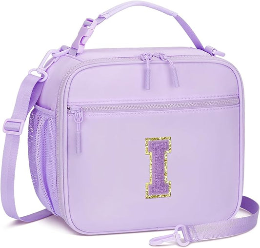 Kids Initial Lunch Bag, Reusable Insulated Lunch Box for Girls Toddlers, Back to School Gift, Leak-proof Cooler Bag for School Daycare Travel Picnic, Purple-I