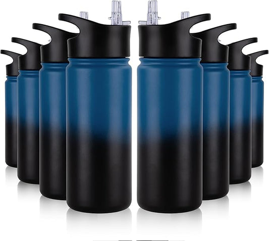 16 oz Insulated Water Bottle Bulk 8 Pack, Straw & Spout Lid, Keep Cold 24H, Spill Proof, BPA-Free, Double Wall, Stainless Steel Kids Water Bottles for School, Sports, Blue Black Gradient