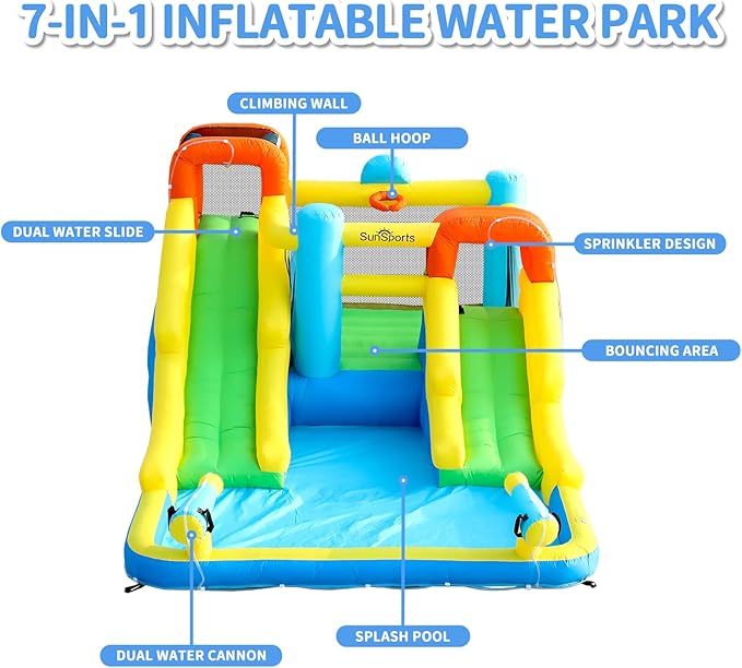 Inflatable Water Slide,Bouncy Castle for Kids Outdoor,7 in 1 Dual Waterslide Bounce House with Water Cannon,Inflatable Water Park with Jump House,Water Slides for Kids Backyard Party