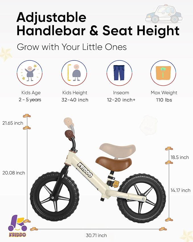 KRIDDO Toddler Balance Bike 2 Year Old, Kids Balance Bike for 2-5 Years Old, Dual Bearing for Smoother Riding, Adorable Plate, Adjustable Seat and Handlebar, Toddler Bike Gifts Age 2-3, LED-White