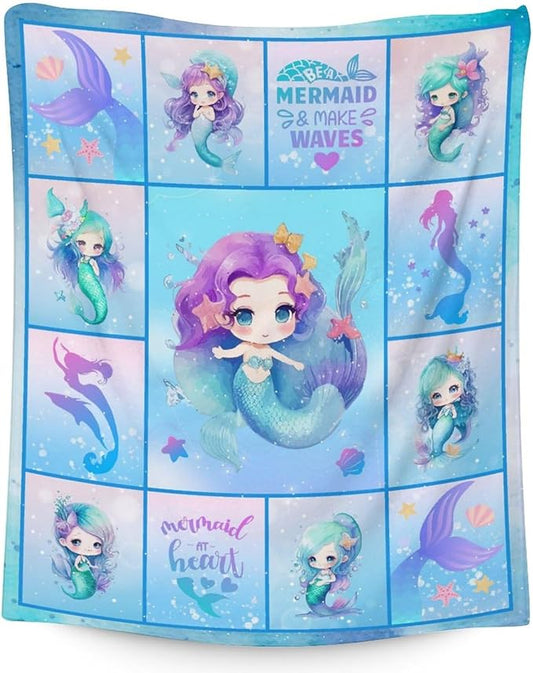 Mermaid Blanket - Soft, Fuzzy & Warm - 50"x60" Throw Size Blanket for Bed, Couch, Sofa - Blue Cute Throw Gifts for Girls