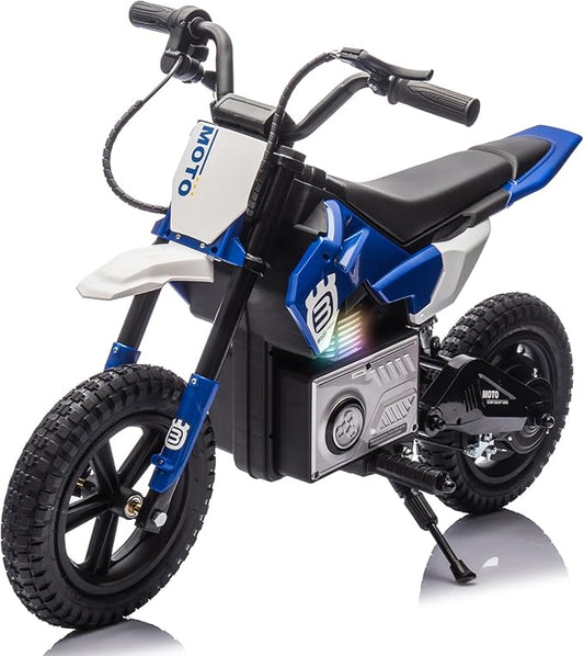 Electric Dirt Bike for Kids Ages 5-10, 24V 200W Higher Speed Electric Motorcycle, Kids Ride On Motorcycle with Rear Wheel Shock Absorber, LED Breathing Light, Bluetooth, Music, Horn, Blue
