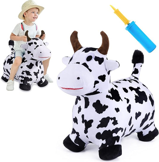 iPlay, iLearn Bouncy Pals Hopping Cow Horse, Toddler Girl Boy Inflatable Bouncing Animal Hopper Toy, Outdoor Indoor Plush Ride on Bouncer, Baby Birthday Gift 18 Month 2 3 4 Year Old Kid - Cow