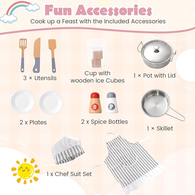 GLACER Corner Kids Kitchen Playset, Wooden Play Kitchen with Washing Machine, Ice Maker, Microwave, Oven, Sink & Facet, Pretend Toy Kitchen Set with Sounds & Lights for Toddler