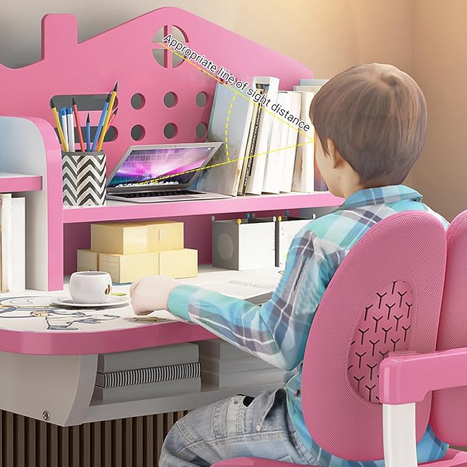 Upgraded Kid's Desk and Chair Set, Adjustable Children's Study Table with Bookshelf and Storage Drawer, 50-Degree Tiltable Desktop with Chair for Bedroom (Pink2 105cm)