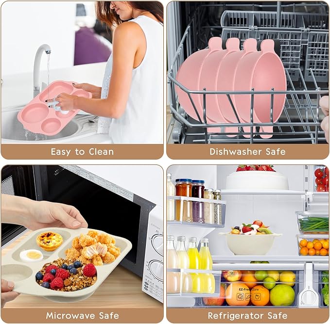 24 PCS Wheat Straw Dinnerware Set for Kids Toddler Plate Bowl Cup Sets Unbreakable BPA-Free Tableware Set with Divided Plate Microwave Dishwasher Safe Perfect for Home School Picnics