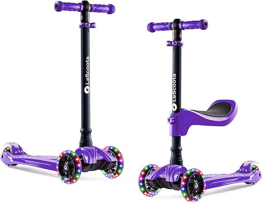 LaScoota 2-in-1 Kids Kick Scooter, Adjustable Height Handlebars and Removable Seat, 3 LED Lighted Wheels and Anti-Slip Deck, for Boys & Girls Aged 3-12 and up to 100 Lbs.