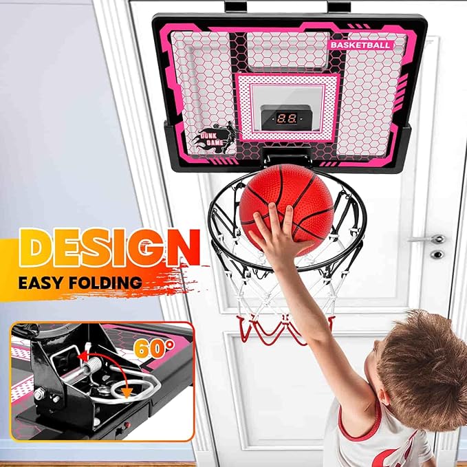 Indoor Basketball Hoop Toy for Girls - Basketball Hoops with Scoreboard&4 Balls, Backboard&Music Lights, Indoor Outdoor Basketball Sports Toys for Kids 4-8 8-12