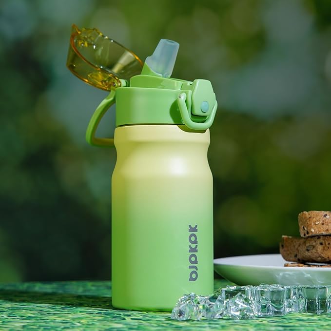 BJPKPK Water Bottle With Straw 14oz Insulated Water Bottles Reusable Stainless Steel Metal Thermo With Leak Proof Lockable Lid And Carry Handle,Lime