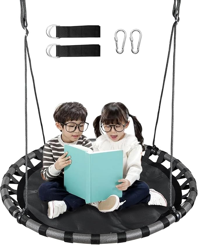 43 inch Black Saucer Tree Swing for Kids,Flying Round Swing Waterproof and All-Weather Resistant,PP Mat,Adjustable Strong Ropes,Easy to Install,Outdoor Playground Backyard
