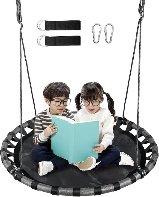 43 inch Black Saucer Tree Swing for Kids,Flying Round Swing Waterproof and All-Weather Resistant,PP Mat,Adjustable Strong Ropes,Easy to Install,Outdoor Playground Backyard