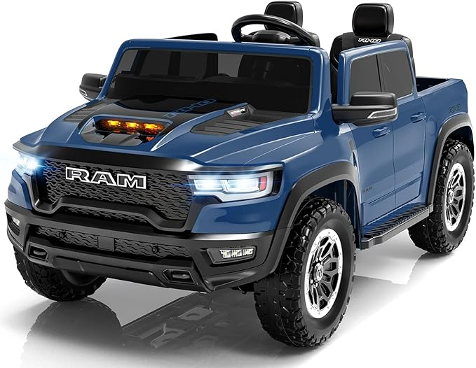 2 Seater Electric Car Licensed RAM 1500 RHO, 24V Kids Ride On Truck w/Remote Control, Toddler Ride on Car Toys w/LED Lights, Bluetooth, Music, Truck Bed Storage, Soft Start (Blue)